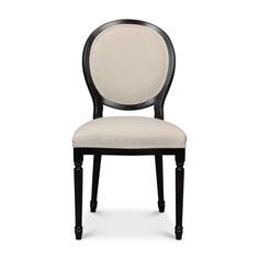 a black and white chair with a beige upholstered seat on an isolated background