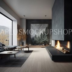 a modern living room with fireplace and large painting on the wall in front of it