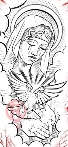 a drawing of the virgin mary holding a dove