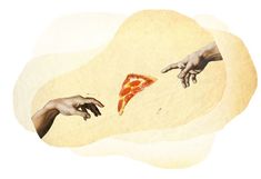 two hands reaching for a piece of pizza