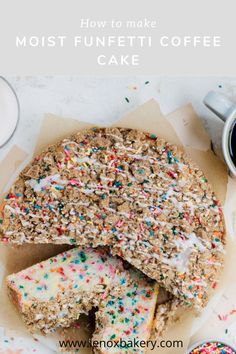 a cake with sprinkles on it and the words, how to make most - funfetti coffee cake