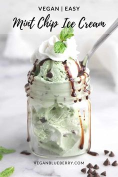 vegan ice cream in a mason jar with chocolate chips and mint