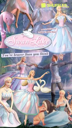 an advertisement for swan lake with barbies and swans