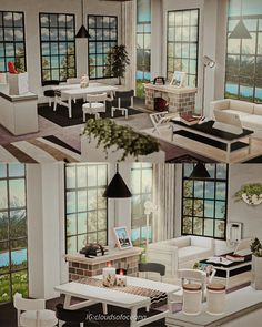 four different views of a living room, dining and kitchen area with windows overlooking the water