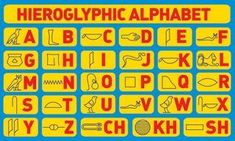 a poster with the letters and numbers in red on a blue background that says,'heroglyphic alphabet '