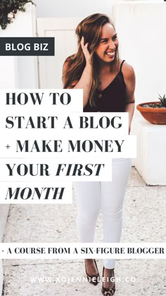 a woman talking on her cell phone with the words how to start a blog and make money your first month