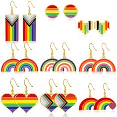 rainbow heart shaped earrings and earring set with matching clip - ons, all in different colors