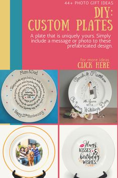 four different plates with the words, custom plates and pictures on them are shown in this collage