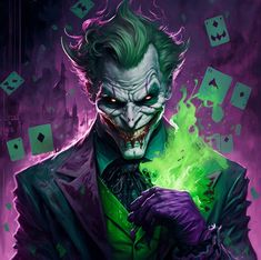 the joker with green eyes and purple hair is holding his hand up to his chest