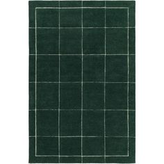 a dark green rug with squares and lines in the middle, on a white background