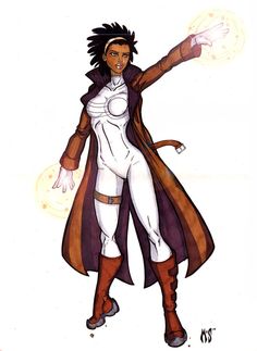 a drawing of a woman dressed in white and brown with her arms out, pointing at something