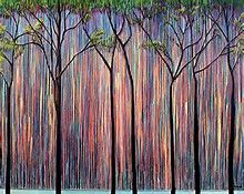 an abstract painting of trees in front of a colorful sky with rain falling down on them