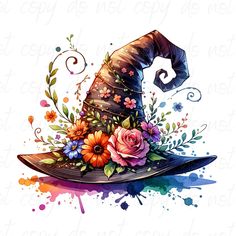 a drawing of a witches hat with flowers on it