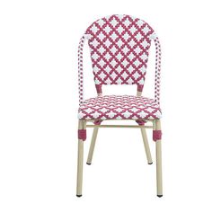 a red and white patterned chair with an upholstered back, on a white background