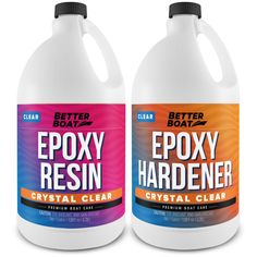 two gallon bottles of epoxy resin and crystal clear cleaner on a white background