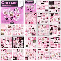 a collage of pink stickers with different designs