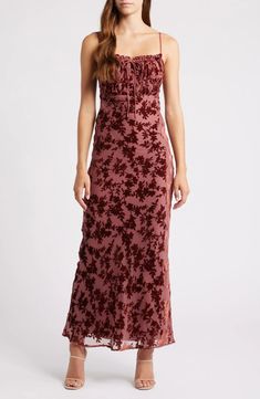 Rare London Devore Floral Tie Front Chiffon Maxi Dress | Nordstrom Mauve Velvet, Velvet Burnout, Mauve Dress, Red Dress Maxi, Chiffon Maxi, Chiffon Maxi Dress, The Shadows, Sweetheart Neck, Nordstrom Dresses