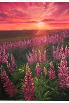 a painting of purple flowers in front of a sunset over a field with green grass