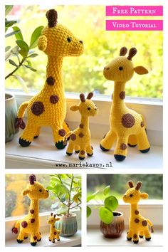 two giraffes made out of yarn sitting on top of a window sill