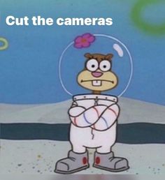 a cartoon character is standing in front of a camera