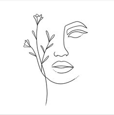 a line drawing of a woman's face with flowers