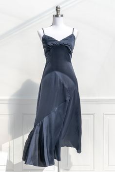 French dress in blue satin from Amantine French Style Boutique Off Shoulder Satin Dress, Satin Dress Prom, Oc Fashion, Holiday Cocktail Party, Blue Silk Dress, Aesthetic Dress, Holiday Cocktail, Beautiful Aesthetic, Blue Cocktail Dress