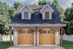 two garages are shown in front of a white picket fence