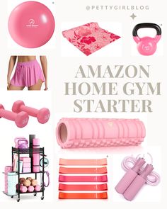 pink and white collage with text that reads amazon home gym starter, including yoga mats, exercise balls, dumbbells, kettles, watermelon