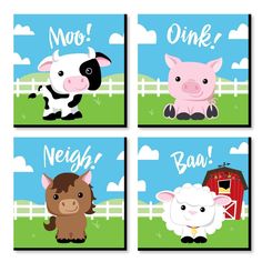 four farm animals are shown with the words moo, neigh, and baa