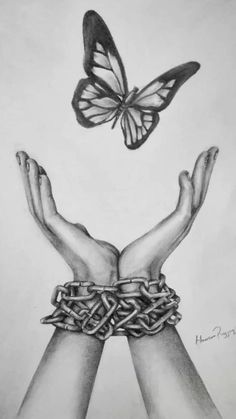 two hands with chains and a butterfly above them