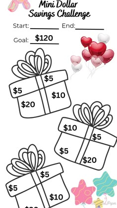 the printable valentine's day savings challenge with balloons and gift boxes on it