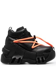 Black/orange leather AMAZON Platform Sneakers from SWEAR featuring round toe, front lace-up fastening, front toggle fastening, pull-tab at the heel and chunky rubber sole. Your sneakers are custom-made and shipped within five weeks. Due to the bespoke nature of the service, SWEAR is unable to accept returns or offer refunds. Handmade in Portugal.. | Swear AMAZON Platform Sneakers V Shoes, Rave Shoes, Concert Wear, 90s Rave, Platform Trainers, Ankle Weights, Chunky Trainers, Dad Shoes, Shoes Luxury