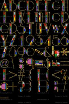 the letters and numbers are multicolored with different colors, shapes and font patterns