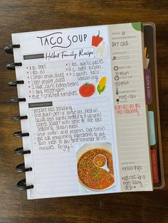 the recipe book is open and ready to be filled with taco soups on it