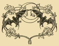 a drawing of two bats in a circular frame with vines and flowers around it, vintage line drawing or engraving