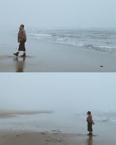 two pictures of a person walking on the beach in the rain and one is holding an umbrella