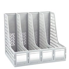 three white plastic bins with dividers on each side and four separate compartments in the middle