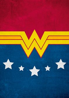 the wonder woman logo is shown on a blue and red background with five white stars