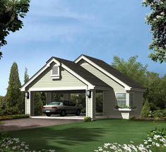 a car is parked in front of a house that has a garage on the side