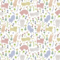 an image of cats and flowers on a white background with blue, pink, green, yellow