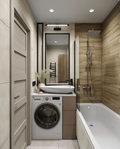 a washer and dryer in a bathroom with wood paneling on the walls