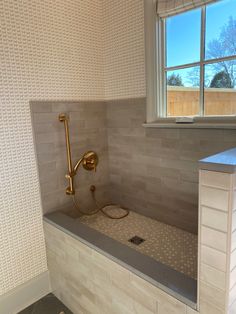 a bathtub with a shower head and hand held faucet in front of a window