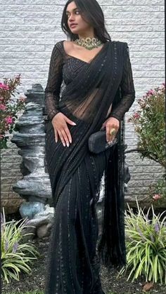 Sarees With Black Blouse Full Sleeves, Black Netted Saree, Saree Blouse Design For Plus Size, Black Saree With White Blouse, Cocktail Party Saree, Black Net Saree Party Wear, Net Black Blouse Designs For Saree, Black Saree Blouse Ideas, Blouse Designs For Farewell Saree