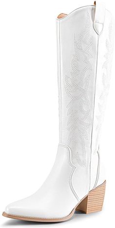 Amazon.com | DREAM PAIRS Womens Cowboy Boots Comfortable Pull On Zipper Chunky Heel Pointed Toe Embroidered Western Cowgirl Knee High Boots Girls Ladies Retro Tall Boot,Size 9,White,SDKB224W | Knee-High Womens Cowboy Boots, Boots Comfortable, Mini Skater Skirt, Chic Fall Outfits, Leather Jacket Outfits, Tall Boot, Cowboy Boots Women, Western Cowgirl, Girls Boots