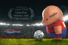 a cartoon pig with a soccer ball in front of it on a field at night