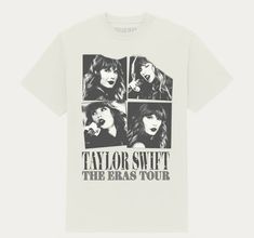 taylor swift the eras tour t - shirt in white with black and grey images on it