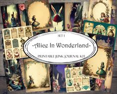 the alice in wonderland printable journal kit is displayed on a wooden surface with many different images