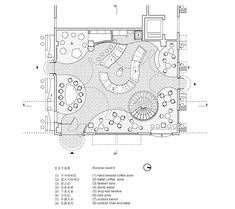 a plan for a garden with seating areas and an outdoor dining area in the center