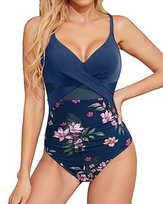 This V-neck twist front swimsuit uses a removable soft push-up padded bra to provide additional support and shape. The adjustable spaghetti straps and buckles on the back fit perfectly with your body curves.This full-coverage swimsuit with warp and... Coverage Swimsuit, Tropical Bathing Suits, Latest One Piece, Full Coverage Swimsuit, Spandex Top, Cutout Design, Body Curves, Suit Fabric