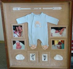 a baby's first year photo frame with pictures and photos on the bottom is an infant in a bear suit